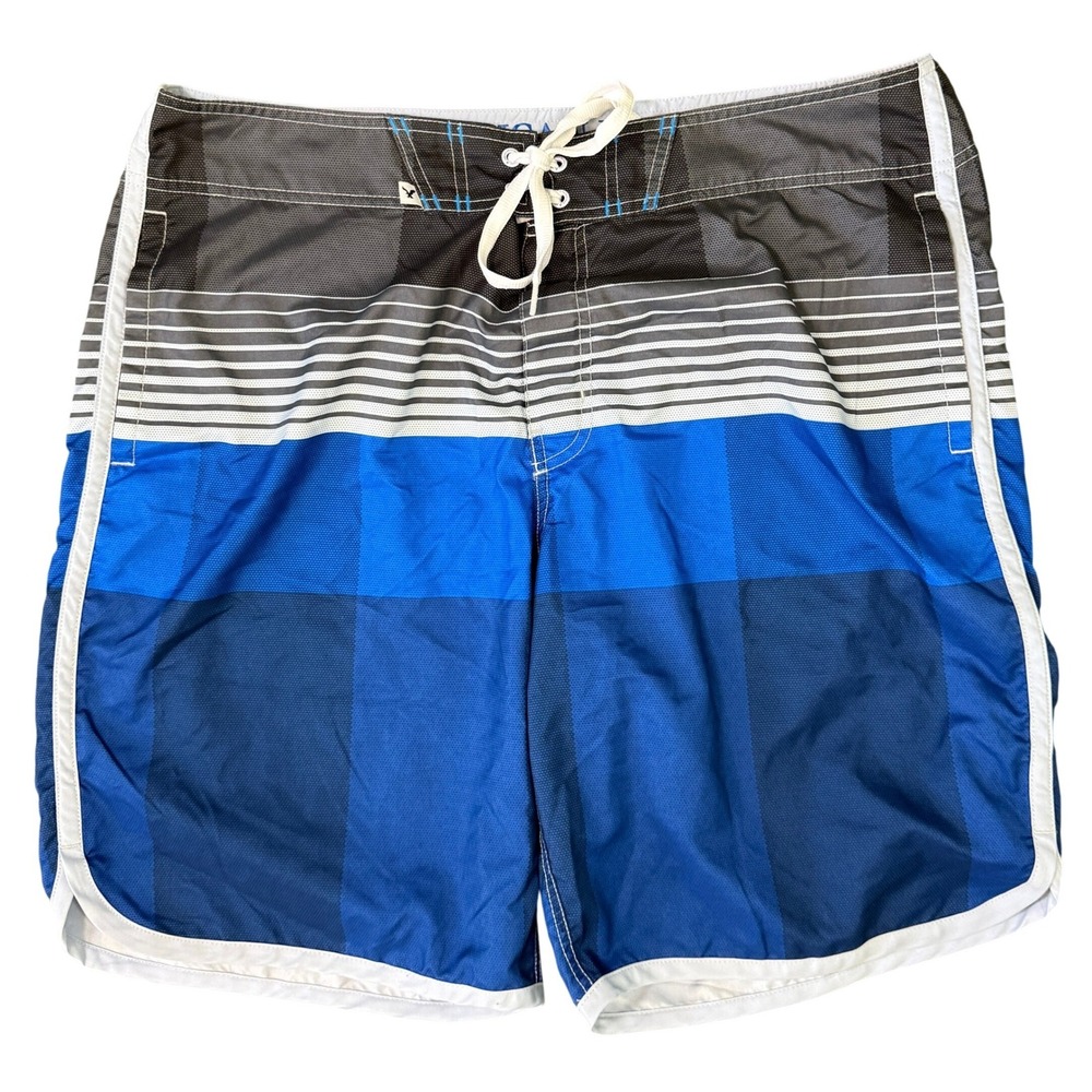 American Eagle Outfitters Mens XL Board Shorts Blue Grey Striped Swim Trunks